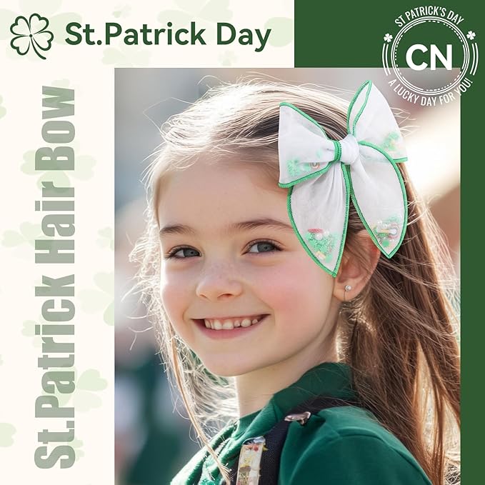 CN 6 PCS St.Patrick day Tulle Hair Bows for Girls, Toddler Bows with Glitter Star Alligator