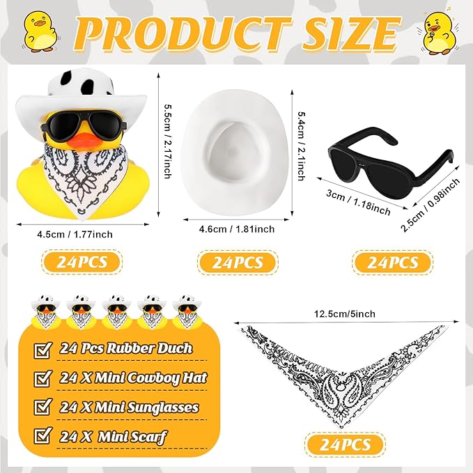 Sosation 24 Set Cowboy Rubber Duck Bulk Mini Yellow Duckies Tiny Ducks Bathtub Toy with Cowboy Hat Paisley Bandanas Sunglasses for Birthday Party Favor(Cow Style)