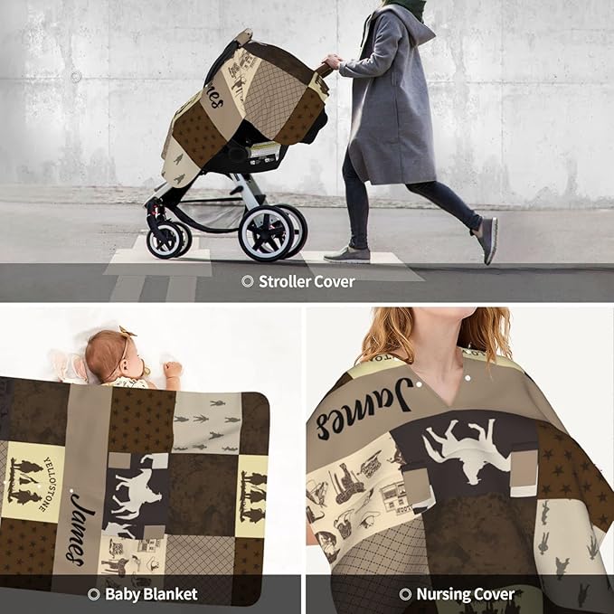 Personalized Baby Car Seat Canopy for Babies with Name, Custom Car Seat Covers for Boys Girls, Infant Opening Minky Nursing Breastfeeding Stroller Cover Carseat Canopies for Newborn (Cowboy)