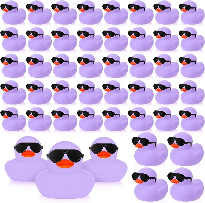 Sosation 36 Packs Mini Rubber Ducks with Sunglasses Sets 2.2 Inch Bath Squeaky Rubber Duckies Cute Float Bathtub Toys for Birthday Party Favors Class Carnival Prizes Car Decor(Light Purple)