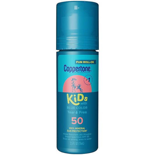 Coppertone Kids Roll On Sunscreen Lotion SPF 50, Tear Free Kids Sunscreen with Blue Color and Zinc Oxide Sun Protection, 2.5 Fl Oz Tube
