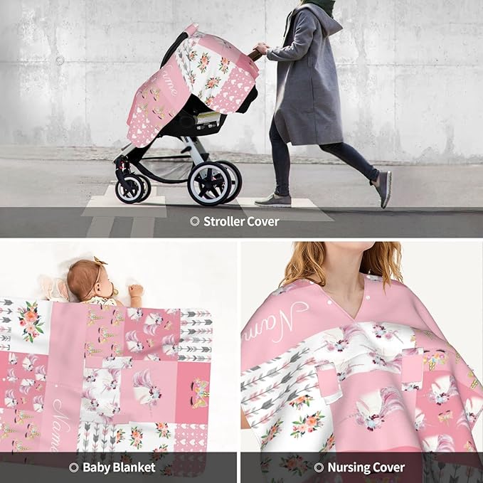 Personalized Horse with Horns Pink Baby Car Seat Canopy for Babies with Name, Custom Car Seat Covers for Girls, Opening Minky Nursing Breastfeeding Cover Infant Carseat Canopies for Newborn