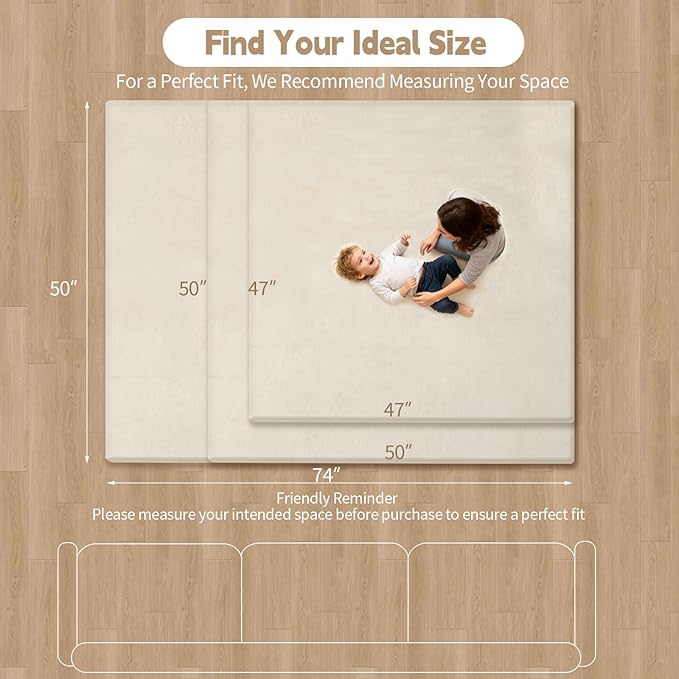 Velvet Baby Play Mat for Floor, 1.3" Thick Elasti-Foam 47"×47" Playpen Mat with Removable & Washable Velvet Cover for Toddler, Infant,Kids, Non-Slip Crawling Mat for Tummy Time (Beige)