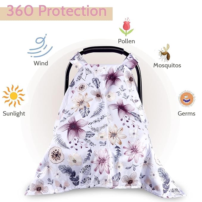Baby Car Seat Cover, Peekaboo Opening Spring Car Seat Canopy for Baby Girls Boys, Mom Nursing Breastfeeding Covers, Blanket for Infant, Purple Watercolor Flower
