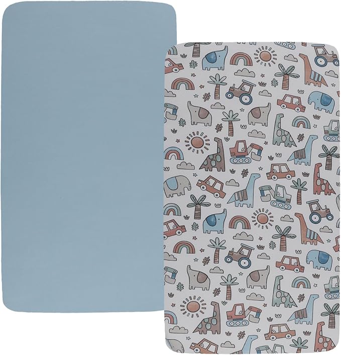 Stretchy Fitted Crib Sheets Set 2 Pack Portable Crib Mattress Topper for Baby Girl Boy,Ultra Soft Jersey Material, Light Blue & Car