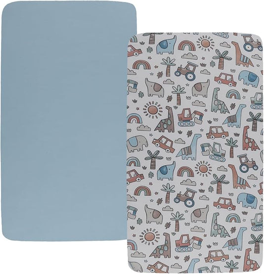 Stretchy Fitted Crib Sheets Set 2 Pack Portable Crib Mattress Topper for Baby Girl Boy,Ultra Soft Jersey Material, Light Blue & Car