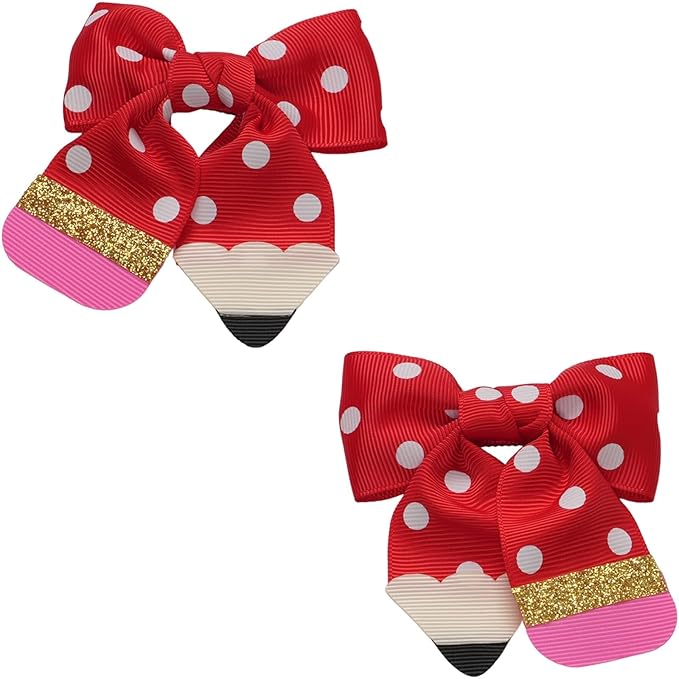 YKW Red Polka Dot Pencil Hair Bow Clip for Girls, Cute School Themed Grosgrain Ribbon Accessory with Secure Metal Fastener, First Day Teacher Gift - 3.9 Inch