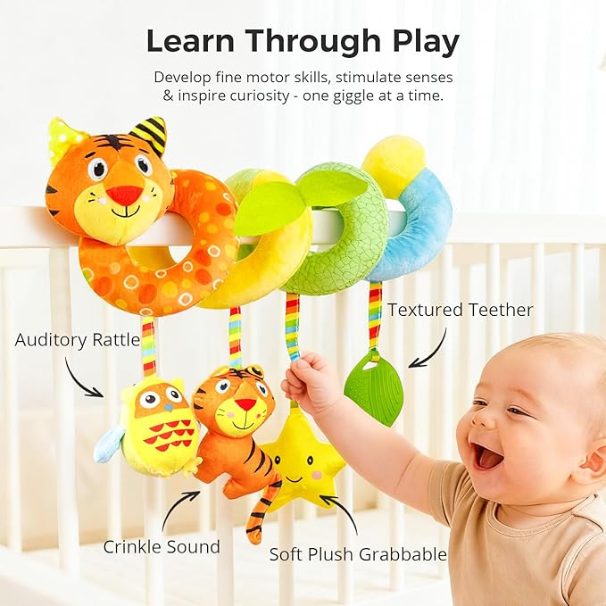 Carseat Toys Hanging for Babies 0-6-12 Months – Plush Spiral Car Seat Toys with Rattles, Crinkle & Teether – Stroller, Crib Hanging,for Baby Gym