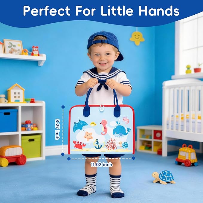 Busy Book for Toddlers - Montessori Sensory Toys for Travel, 4-Page Fine Motor Activity Board Gift for Boys & Girls (Ocean)
