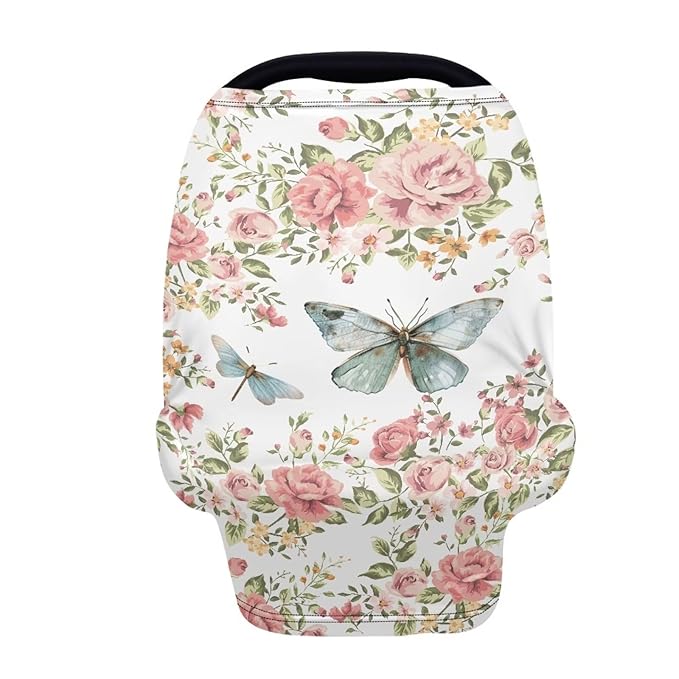 Biyejit Rose Butterfly Car Seat Covers, Baby Car Seat Canopy Carrier Cover Breathable Nursing Cover for Breastfeeding Stretchy Carseat Cover Boys Girls Multi-Use Infant Carseat Stroller Cover