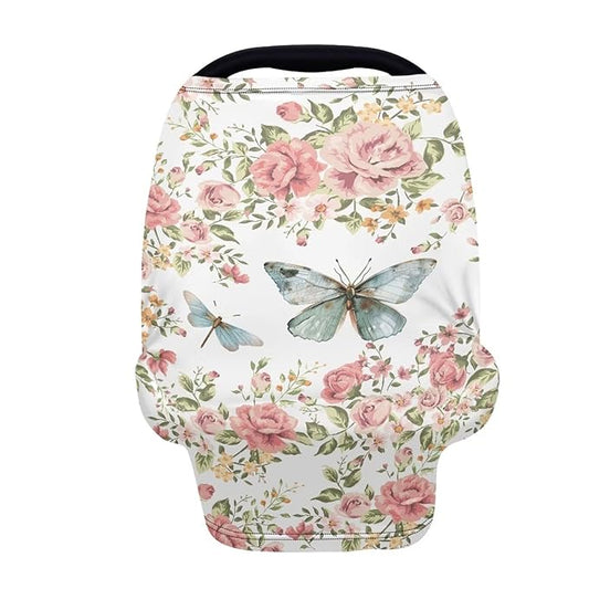 Biyejit Rose Butterfly Car Seat Covers, Baby Car Seat Canopy Carrier Cover Breathable Nursing Cover for Breastfeeding Stretchy Carseat Cover Boys Girls Multi-Use Infant Carseat Stroller Cover