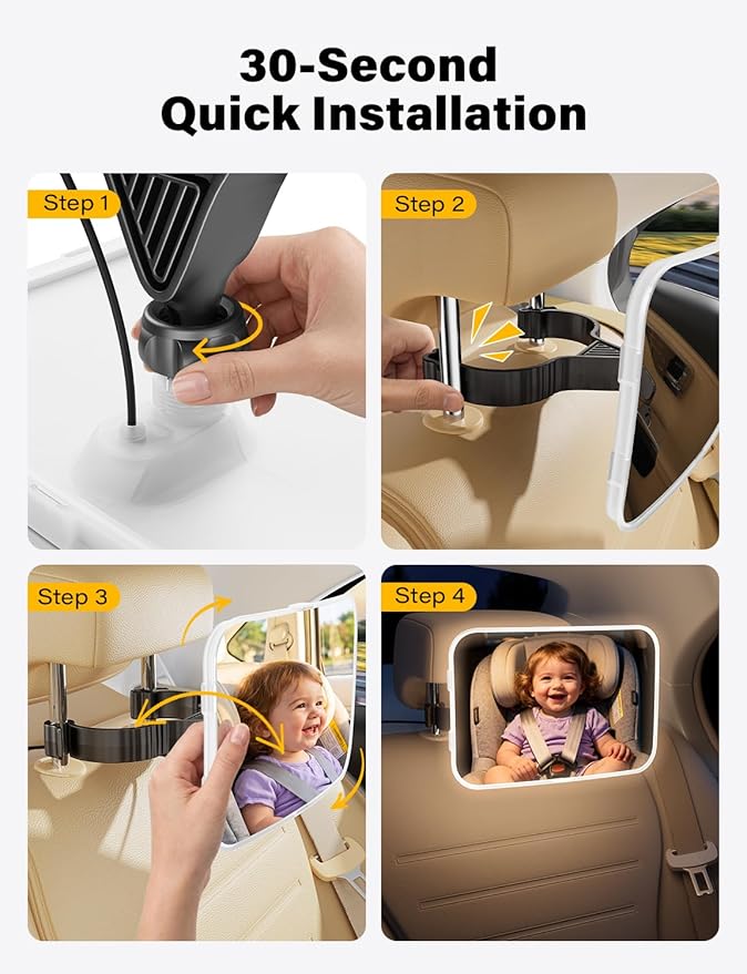 TAZENI Baby Car Mirror - LED Light Baby Car Seat Mirror for Rear Facing with 175° Wide Clear View Anti-Glare, 360° Rotation, Shatterproof, Crash Tested, Safety & Easy Install, espejo para carro bebe