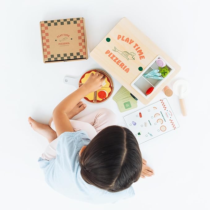 Pearhead Wooden Pizzeria Montessori Pretend Play Food Set, 38-Piece Play Kitchen Accessories, (38 Pcs) Toy Pizza Oven with Pizza Toppings Food Set, Preschool Toys for Toddlers, Ages 3+ Years