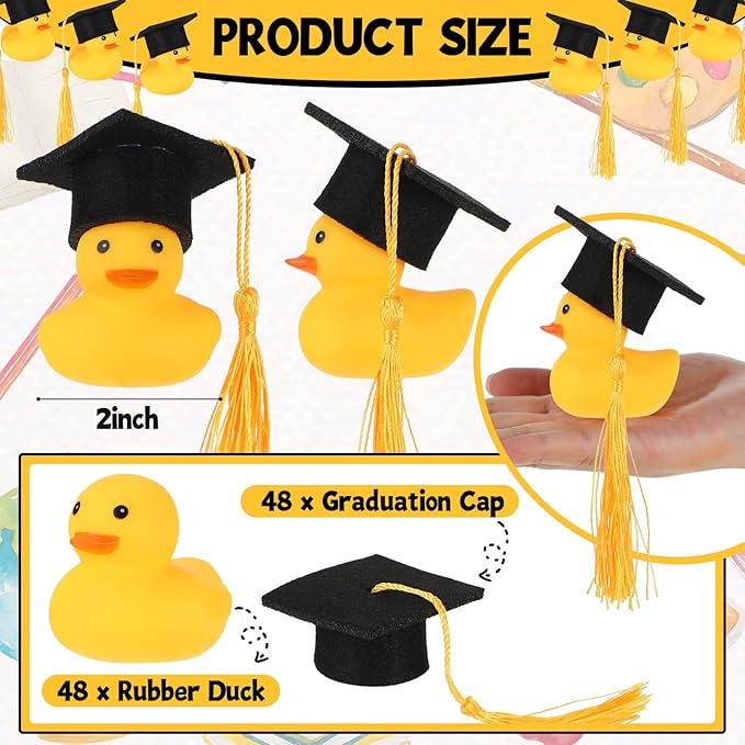 Jerify 48 Pcs Graduation Rubber Ducks with Grad Cap 2026 Diploma Grad Rubber Duck Graduation Party Bath Pool with Storage Bag for Student Gifts Party Favor(Gold)