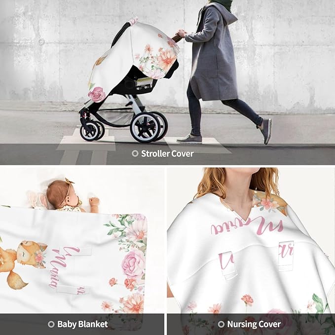 Fox Personalized Baby Car Seat Canopy – Custom Name Opening Minky Nursing Cover, Infant Carseat & Stroller Cover for Newborn Girls Baby Gift