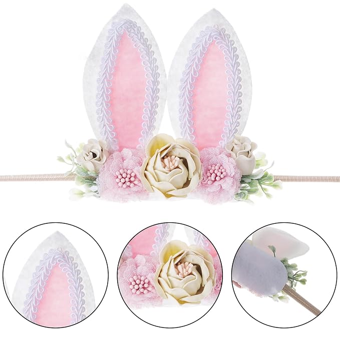 baotongle Bunny Headband Bunny Rose Ears Easter Headbands Baby Flower Crown Spring Bunny Headbands Ideal for Easter Party
