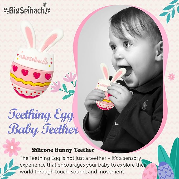 BIGSPINACH Easter Egg Baby Teether,Baby Teething Toy for Pain Relief,Silicone Bunny Rabbit Teether,Easter Gift for Babies,Sensory Toy for Boys & Girl (Pink)