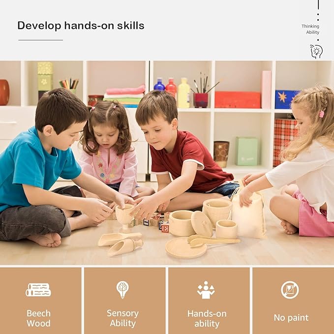 Montessori Toys Sensory Bin Toys for Toddlers Set of 9 Wooden Waldorf Toys Wooden Scoops and Tongs for Transfer Work and Fine Motor Skills Development
