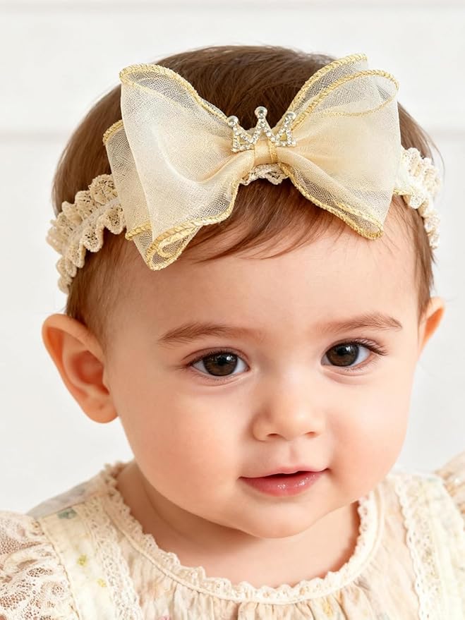 Baby Girls Hairbands bows Headband Stretchy Soft Flower Hairband Toddler Handmade Headbands with Pearls Elastic Headband for Infant Toddler Girl Hair Accessories (Beige Bow, Elastic)