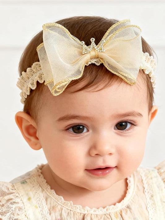 Baby Girls Hairbands bows Headband Stretchy Soft Flower Hairband Toddler Handmade Headbands with Pearls Elastic Headband for Infant Toddler Girl Hair Accessories (Beige Bow, Elastic)