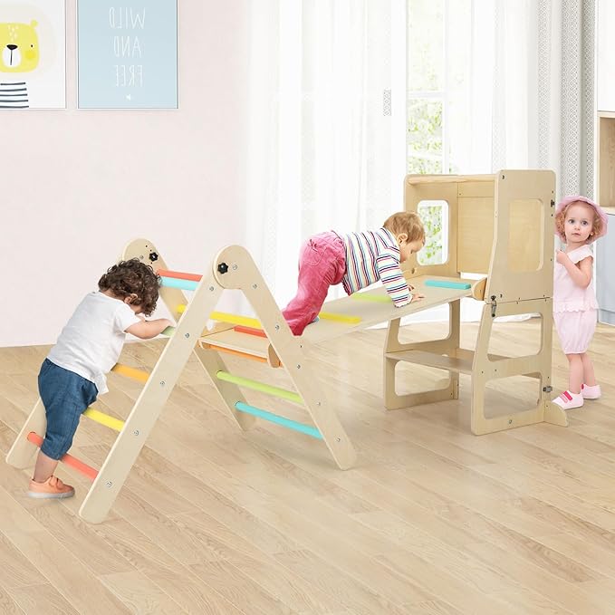 COSTWAY Climbing Triangle with Slide, 7-in-1 Indoor Climbing Frame for Children from 3 Years, Includes Climbing Triangle Foldable & Height Adjustable, Reversible Ramp, Step Stool Convertable,