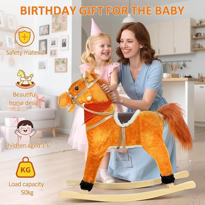 Rocking Horse for Toddlers Ages 1-6, Plush Ride On Toy with Sounds Moving Mouth & Wagging Tail, Interactive Wooden Rocker for Kids, Baby Rocking Chair Toys up to 120kg (Light Brown M)
