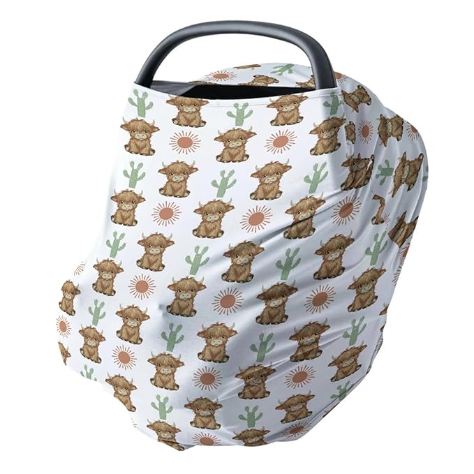 HawSkgFub Boho Highland Cow Cactus Sun 5-in-1 Car Seat Cover for Baby Girl Gift, Brown Bohemia Western Privacy Breastfeeding Nursing Cover, Newborn Infant Multi-use Carseat Canopy Carrier