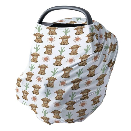 HawSkgFub Boho Highland Cow Cactus Sun 5-in-1 Car Seat Cover for Baby Girl Gift, Brown Bohemia Western Privacy Breastfeeding Nursing Cover, Newborn Infant Multi-use Carseat Canopy Carrier
