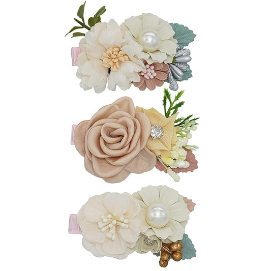 3pcs Girls Flower Hair Clips, Floral Hair Barrettes w/Boutique Fully Lined Alligator, Hair Bows for Baby Newborn Toddler