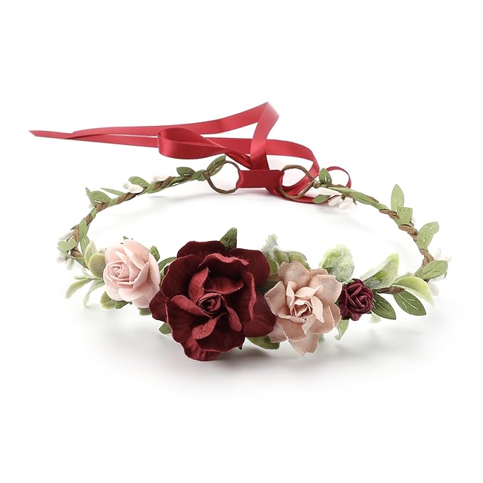 Flower Crown for Girls Floral Headpieces Kids Headband Wedding Halo Hair Pieces Children Hair Wreath Photo Prop (Burgundy-Child Size)