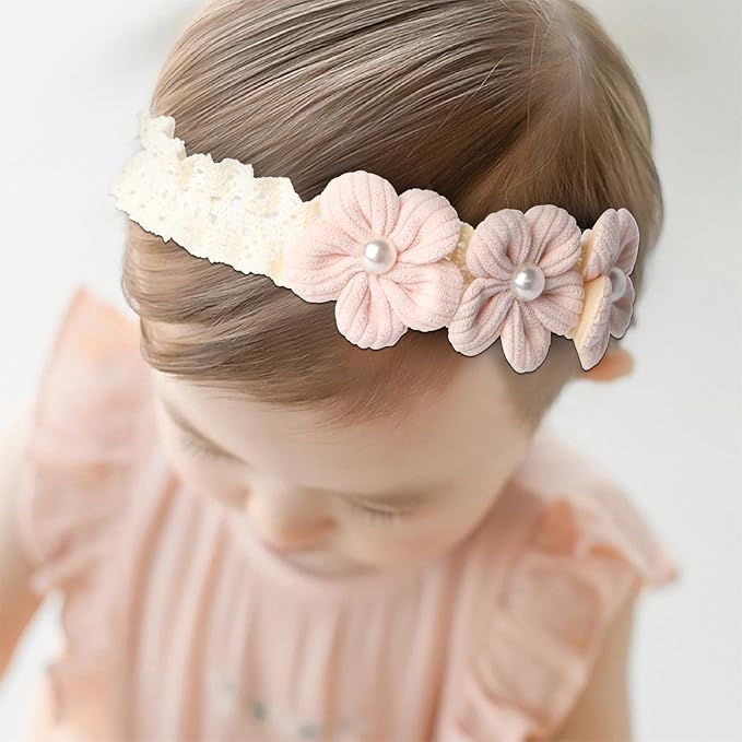 Handmade Baby Girl Headbands in Beige and Pink Lace Flowers for Newborns and Toddlers Cute Baby Girl Flowers and Newborn Headbands (Pink flowers, One Size)