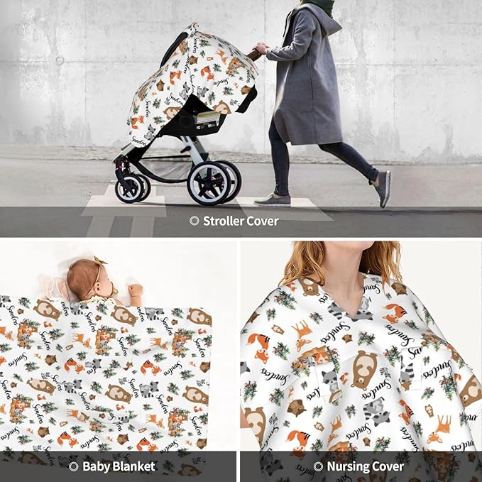 Personalized Baby Car Seat Canopy for Babies, Custom Name Woodland Animals Baby Car Seat Covers for Boys Girls, Opening Minky Nursing Breastfeeding Cover for Infant, Carseat Canopies for Newborn