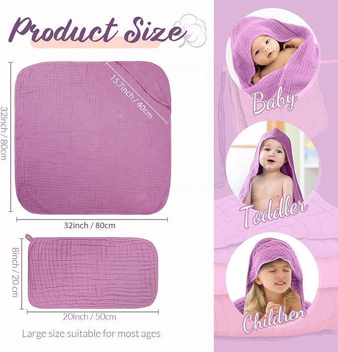 VitalCozy 12 Pcs Baby Muslin Hooded Bath Towels and Washcloths, Muslin Hooded Baby Towels Absorbent Blankets for Gift Newborn Infant Shower (Purple Series)