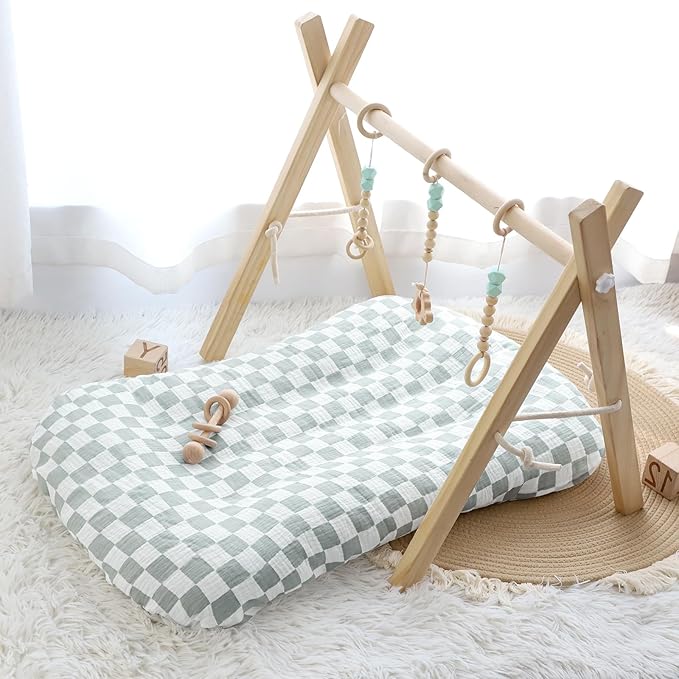 DILIMI Baby Lounger Covers, 2 Pack Muslin Newborn Lounger Cover, Soft Comfortable Removable Infant Pillow Slipcover for Girl and Boy, Green Checkered (Lounger not Included)