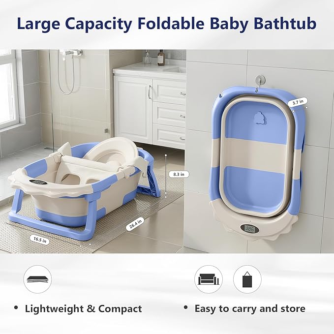MoreFeel Foldable Baby Bathtub with Thermometer - 4-in-1 Grow-with-Me Collapsible Infant Tub (Newborn to Toddler) with Adjustable Mesh Sling - Space Saving Design