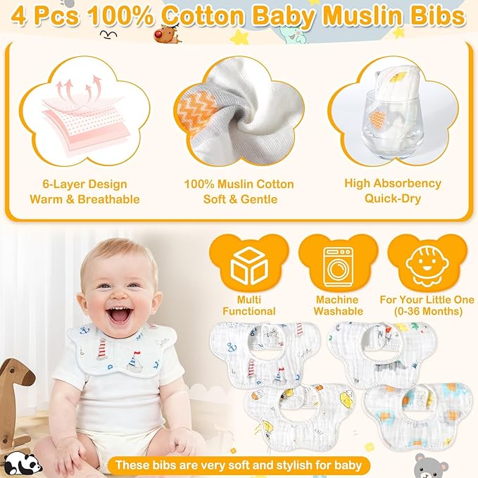 Flasoo 16 Pcs Baby Towels Set for Infants Toddlers, 4 Pcs Hooded Bath Towels, 4 Pcs Baby Bibs & 8 Pcs Washcloths Set, Absorbent Soft Newborn Gift for Boys & Girls-Elephants, Pandas, Bears & Moose