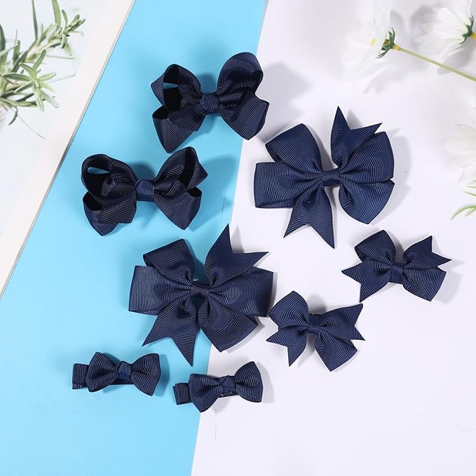 School Hair Accessories Set 14 Pcs Uniform Hair Bow Headband Clips Hair Ties Curly Korker Bows for Little Toddler School Girls (Light Blue&Navy)