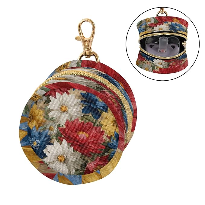 Pacifier Holder with Clip Pacifier Case for Diaper Bag Round Baby Pacifier Pouch Box Bag Portable July 4th Patriotic Colorful Flowers