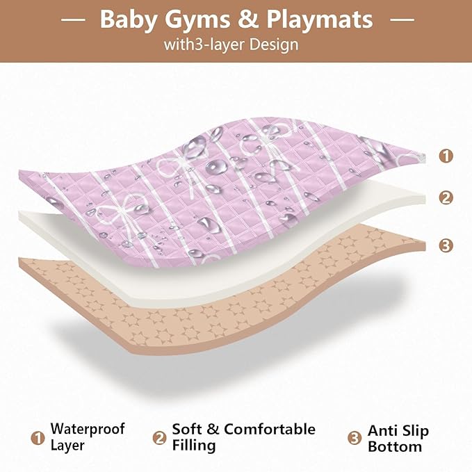 Baby Play Mat Pink White Bows and Stripes 50 x 50 Playpen Mat Baby Play Mats for Floor Play Gym Crawling Mat Non-Slip Cushioned Baby Playmat for Infants, Babies, Toddlers