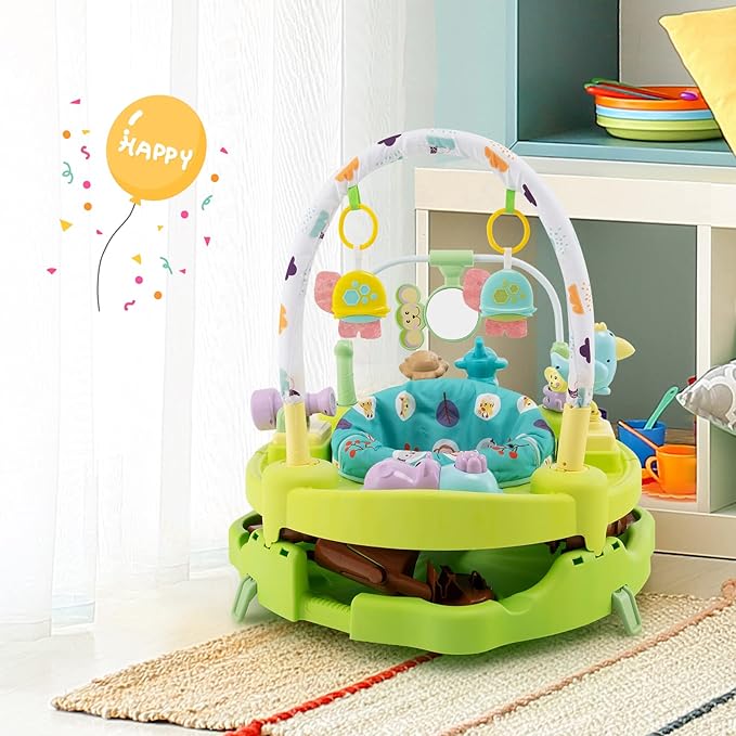 GLACER 3-in-1 Baby Activity Center, Toddler Play Center w/Bouncing Saucer, Activity Table & Play Mat, Folding Infant Learning Center w/ 3-Level Adjustable Height for 6-12 Months, Green