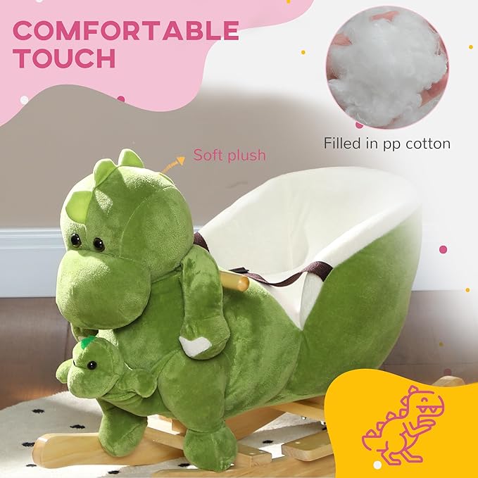 Qaba Baby Rocking Horse, Toddler Plush Dinosaur Animal Rocker with Seat Belt, 32 Songs, Hand Puppet, Kids Riding Horse Rocking Chair for 18-36 Months, Green