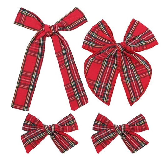 Set of 4 Tartan Red Bow Hair Clips for Little Girls Toddler Baby Mom Women Hair Barrettes Accessories 3 Styles Bows School Uniform Plaid Bows