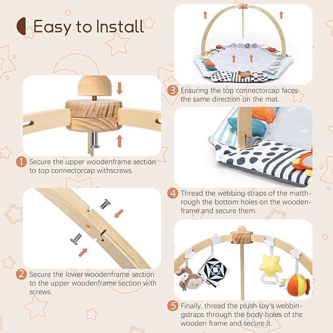 Baby Play Gym Activity Mat, 6 Developmental Zones Wooden Tummy Time Mat with 7 Detachable Sensory Toys for Motor Skill & Sensory Development, Baby Toys Gift for Toddler Infant 0-6-12-18 Month