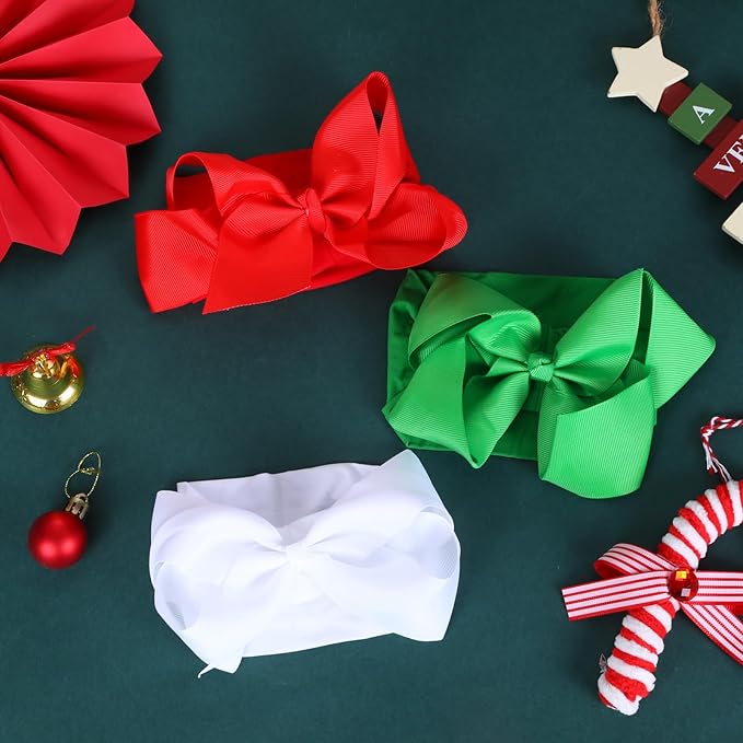 3 Pcs Baby Girls Headband Bows, Soft Nylon Hairbands Cute Big Bow Super Elastic Headband For Baby Girls Newborn Infant Toddlers (Red Green White, Large)