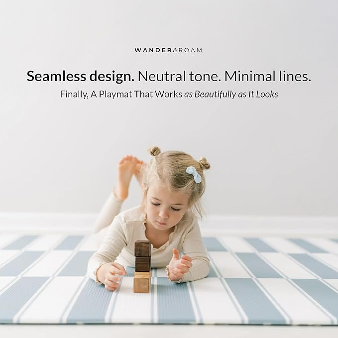 Wander & Roam Premium Reversible Play Mat - Soft Foam Child & Parent - Neutral Antelope + Stripe Design - Water Resistant, Easy to Clean, Non-Toxic - Slate Blue, 3+ Years