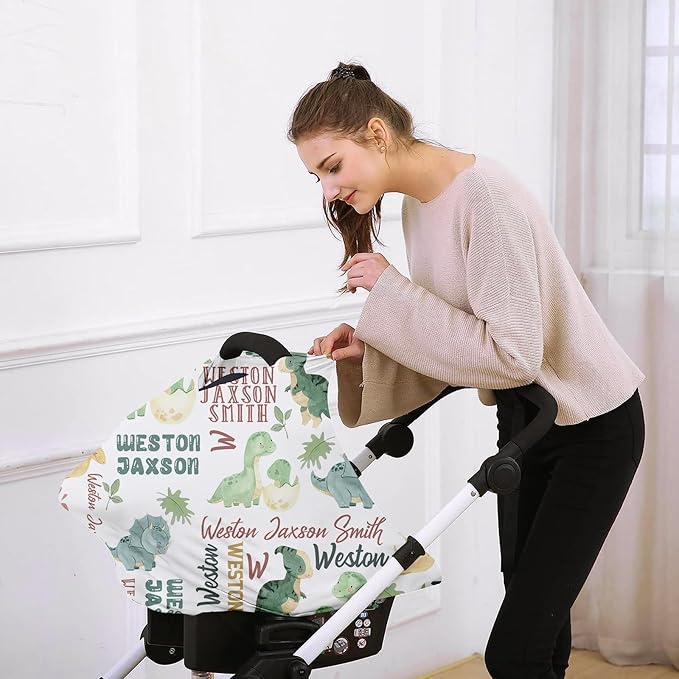 Personalised Infant Car Seat for New Parents - Green Dinosaur Print Baby Carseat Cover, Breast Feeding Cover, Multi-Function pad for Boys Girls Toddlers - Christmas Gifts for Parent Babies(27"x29")