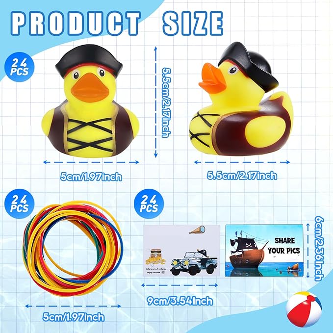 Poen 24 Pcs Carnival Pirate Rubber Ducks 2 Inch Cruise Yellow Duck with 24 Pcs Tags Bathtub Pool Toys Pirate Party Favors for Carnival Supplies Birthday Party Favor Gifts