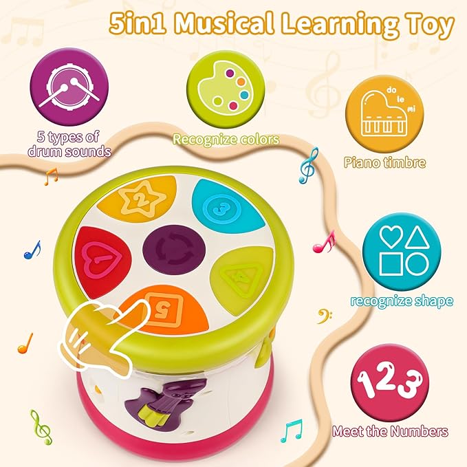 5 in 1 Baby Toy 0-6 Months Musical Early Learning Toy Drum for 1 Year Old with Light Toddler Sensory Toy for 1 2 Year Old Boy Girl Gifts