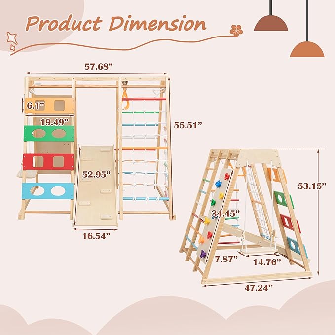 ZMAD Ladder Wall Gym & Climber – Featuring a Rock Climbing Wall, Wooden Swings, Gymnastic Rings, Rope Ladders, and Stretching Equipment for Indoor Playground for Toddlers & Children (9-in-1)