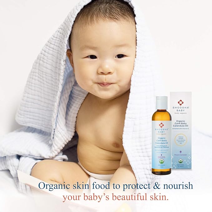 Shoosha Organic Calendula Oil French Lavender, for Babies, Real Calendula Oil, Calendula Massage Oil Moisturizer, Hypoallergenic, Gluten-Free, 100% Biodegradable